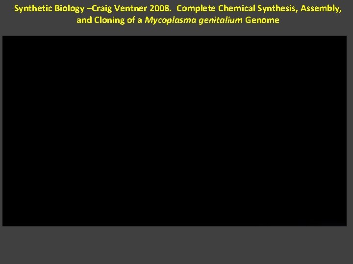 Synthetic Biology –Craig Ventner 2008. Complete Chemical Synthesis, Assembly, and Cloning of a Mycoplasma