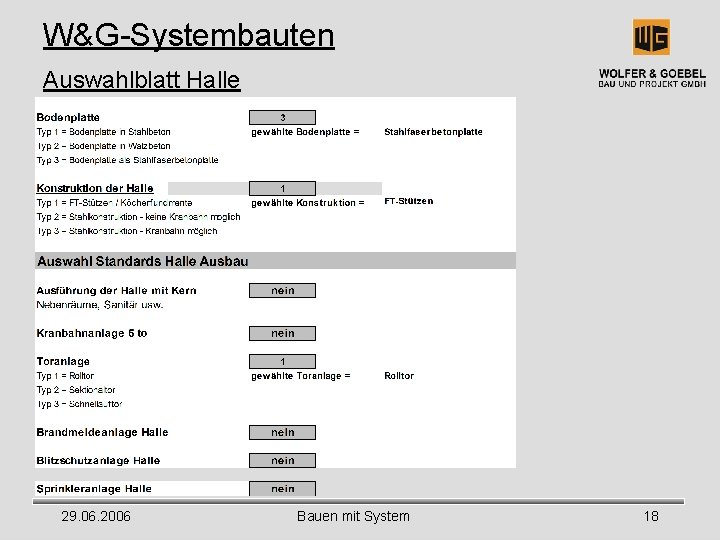 W&G-Systembauten Auswahlblatt Halle 29. 06. 2006 Bauen mit System 18 