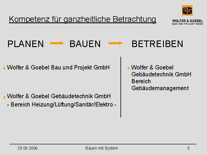 Kompetenz für ganzheitliche Betrachtung PLANEN BAUEN Wolfer & Goebel Bau und Projekt Gmb. H