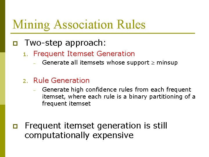 Mining Association Rules p Two-step approach: 1. Frequent Itemset Generation – 2. Rule Generation