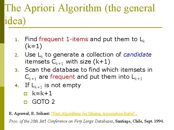 The Apriori Algorithm (the general idea) 1. 2. 3. 4. Find frequent 1 -items