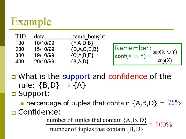 Example TID date items_bought 100 200 300 400 10/10/99 15/10/99 19/10/99 20/10/99 {F, A,
