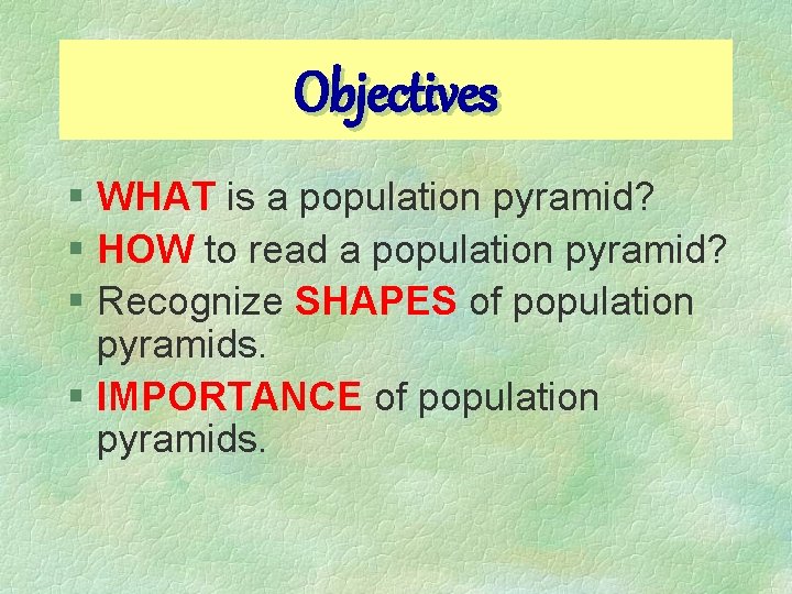 Objectives § WHAT is a population pyramid? § HOW to read a population pyramid? Objectives § WHAT is a population pyramid? § HOW to read a population pyramid?