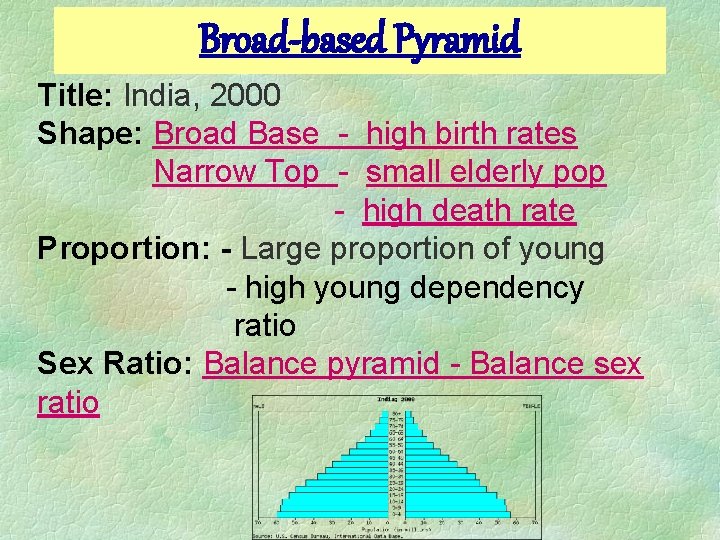 Broad-based Pyramid Title: India, 2000 Shape: Broad Base - high birth rates Narrow Top Broad-based Pyramid Title: India, 2000 Shape: Broad Base - high birth rates Narrow Top