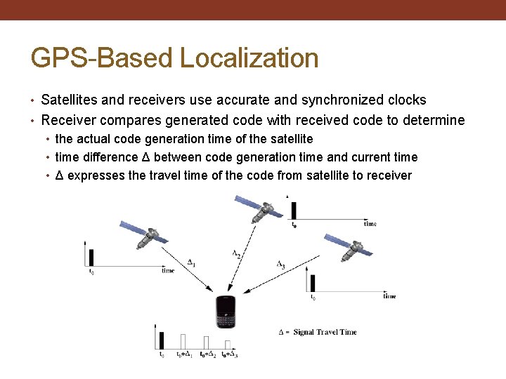 GPS-Based Localization • Satellites and receivers use accurate and synchronized clocks • Receiver compares