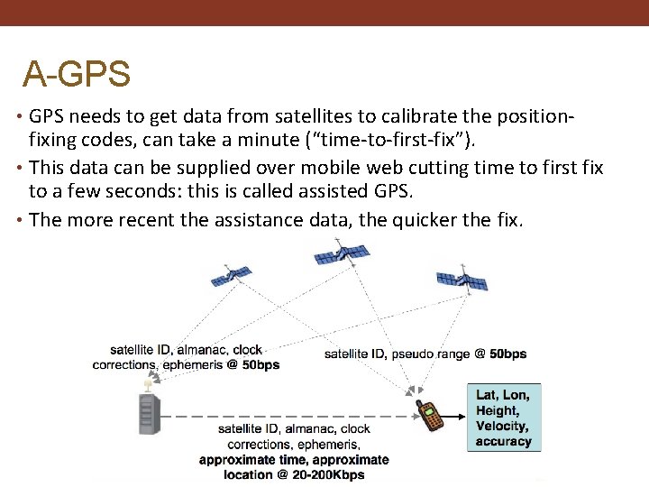 A-GPS • GPS needs to get data from satellites to calibrate the position- fixing