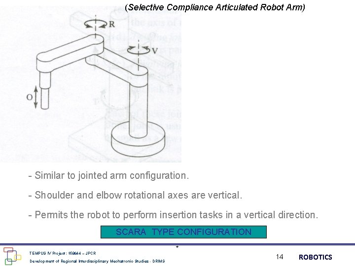 (Selective Compliance Articulated Robot Arm) - Similar to jointed arm configuration. - Shoulder and