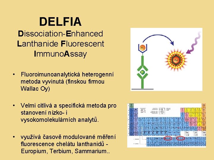 DELFIA Dissociation-Enhanced Lanthanide Fluorescent Immuno. Assay • Fluoroimunoanalytická heterogenní metoda vyvinutá (finskou firmou Wallac
