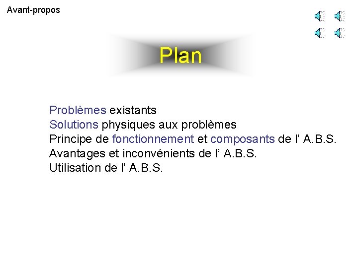 Avant-propos Plan Problèmes existants Solutions physiques aux problèmes Principe de fonctionnement et composants de