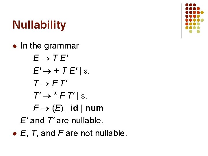 Nullability l l In the grammar E T E' E' + T E' |