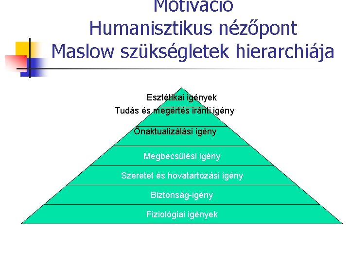 Motiváció Humanisztikus nézőpont Maslow szükségletek hierarchiája Esztétikai igények Tudás és megértés iránti igény Önaktualizálási