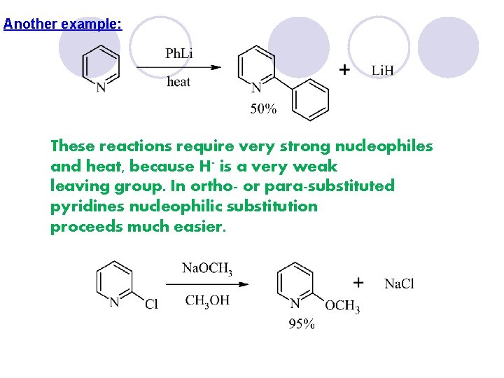 Another example: These reactions require very strong nucleophiles and heat, because H- is a