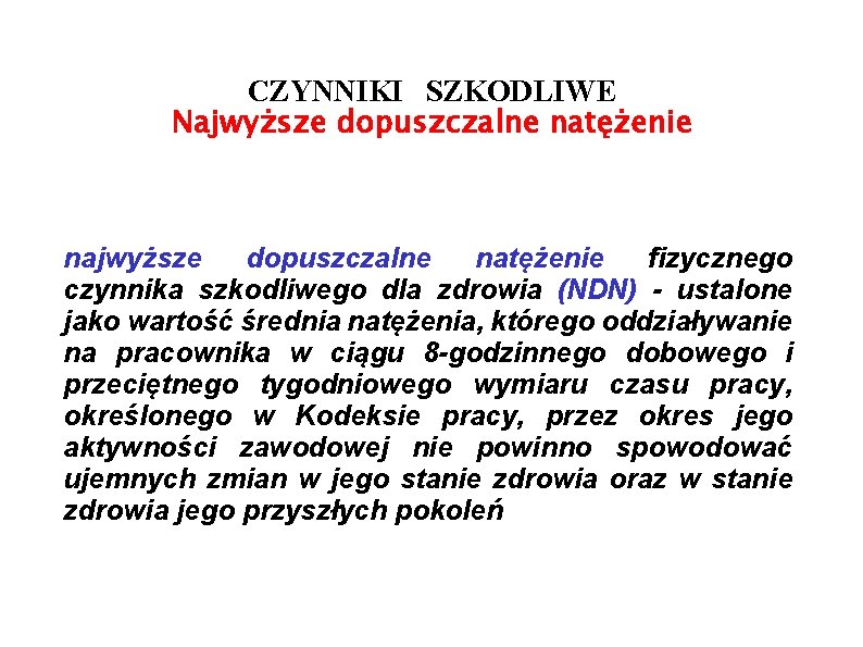 CZYNNIKI SZKODLIWE Najwyższe dopuszczalne natężenie najwyższe dopuszczalne natężenie fizycznego czynnika szkodliwego dla zdrowia (NDN)