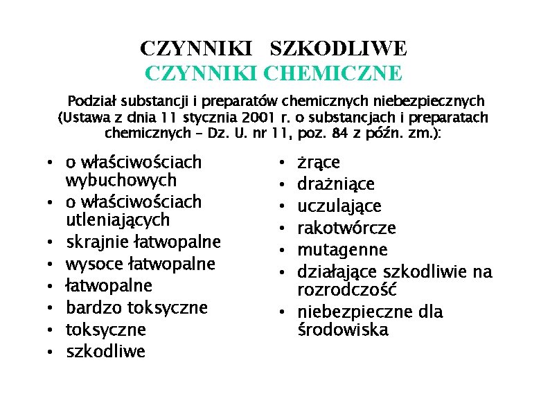 CZYNNIKI SZKODLIWE CZYNNIKI CHEMICZNE Podział substancji i preparatów chemicznych niebezpiecznych (Ustawa z dnia 11