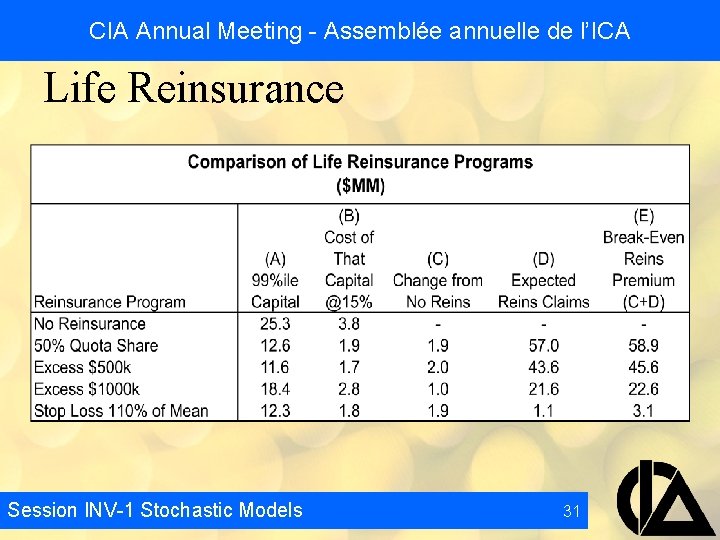 CIA Annual Meeting - Assemblée annuelle de l’ICA Life Reinsurance Session INV-1 Stochastic Models