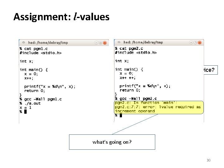 Assignment: l-values increment x twice? what’s going on? 30 