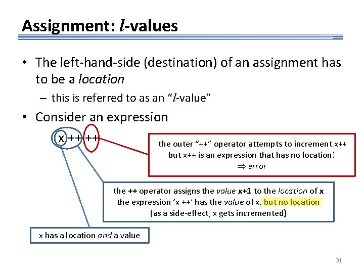 Assignment: l-values • The left-hand-side (destination) of an assignment has to be a location