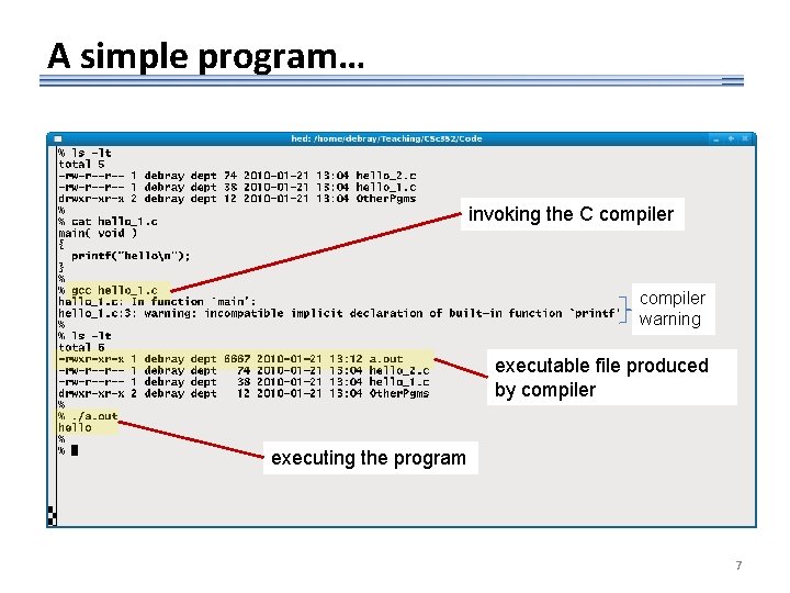 A simple program… invoking the C compiler warning executable file produced by compiler executing