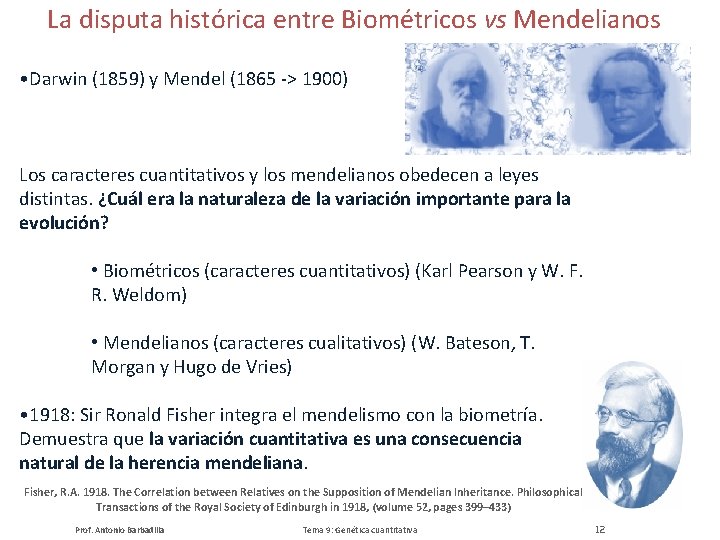 La disputa histórica entre Biométricos vs Mendelianos • Darwin (1859) y Mendel (1865 ->