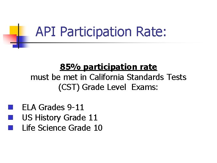 API Participation Rate: 85% participation rate must be met in California Standards Tests (CST)