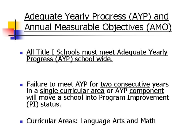 Adequate Yearly Progress (AYP) and Annual Measurable Objectives (AMO) n n n All Title