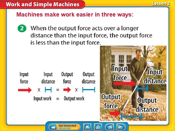 Machines make work easier in three ways: 