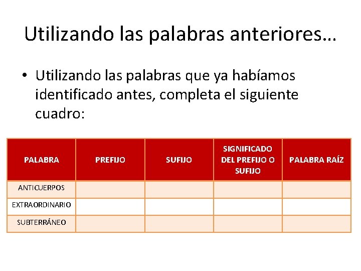 Utilizando las palabras anteriores… • Utilizando las palabras que ya habíamos identificado antes, completa