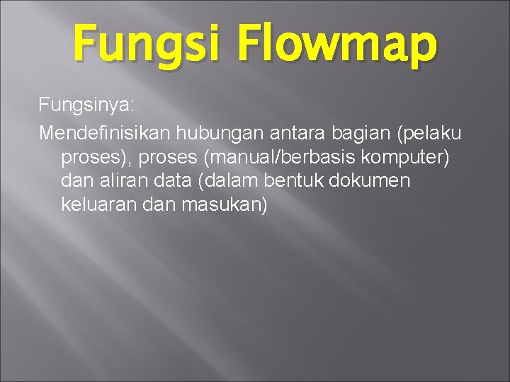Fungsi Flowmap Fungsinya: Mendefinisikan hubungan antara bagian (pelaku proses), proses (manual/berbasis komputer) dan aliran