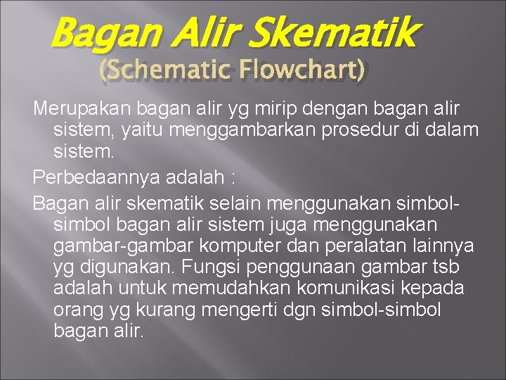 Bagan Alir Skematik (Schematic Flowchart) Merupakan bagan alir yg mirip dengan bagan alir sistem,