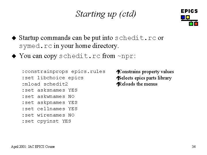 Starting up (ctd) u u EPICS Startup commands can be put into schedit. rc