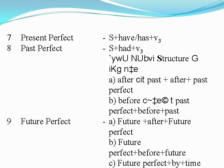 7 8 Present Perfect Past Perfect 9 Future Perfect - S+have/has+v 3 - S+had+v