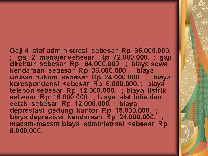 Gaji 4 staf administrasi sebesar Rp 96. 000. ; gaji 2 manajer sebesar Rp Gaji 4 staf administrasi sebesar Rp 96. 000. ; gaji 2 manajer sebesar Rp