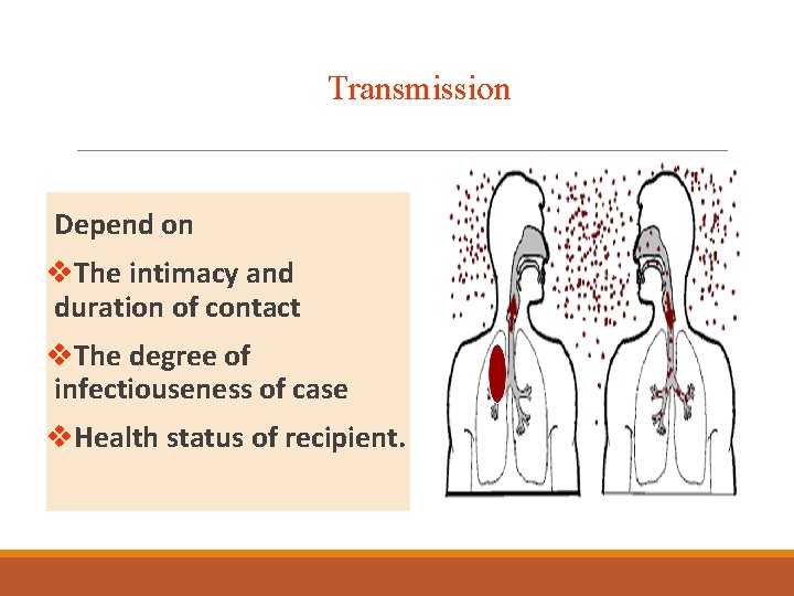 Transmission Depend on v. The intimacy and duration of contact v. The degree of