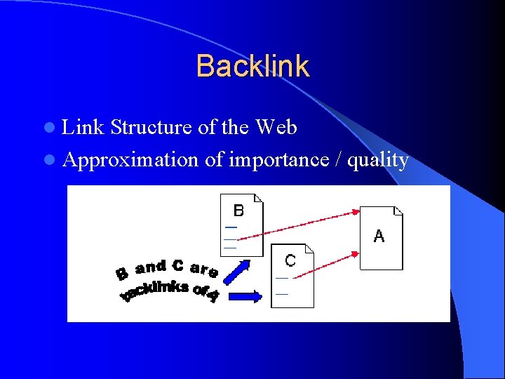 Backlink l Link Structure of the Web l Approximation of importance / quality 