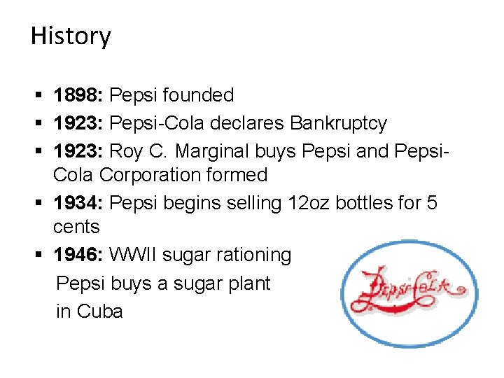 History § 1898: Pepsi founded § 1923: Pepsi-Cola declares Bankruptcy § 1923: Roy C.