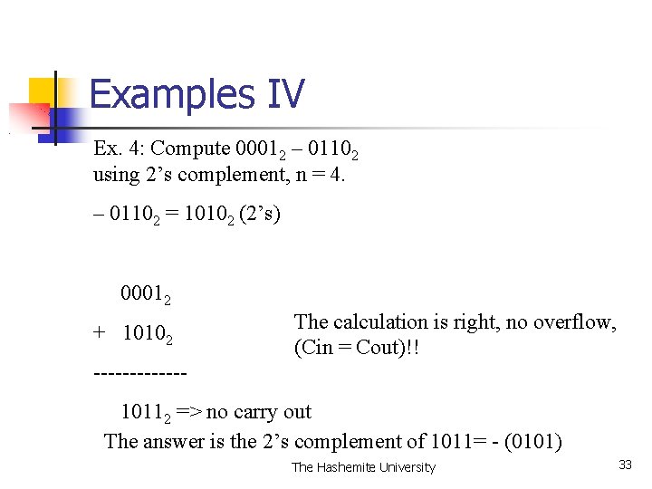 Examples IV Ex. 4: Compute 00012 – 01102 using 2’s complement, n = 4.