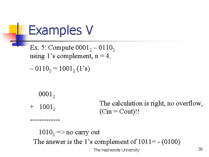 Examples V Ex. 5: Compute 00012 – 01102 using 1’s complement, n = 4.