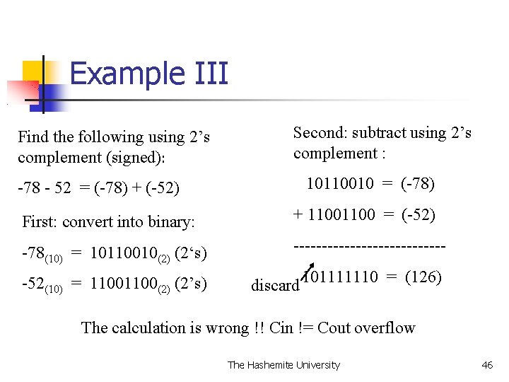 Example III Find the following using 2’s complement (signed): -78 - 52 = (-78)