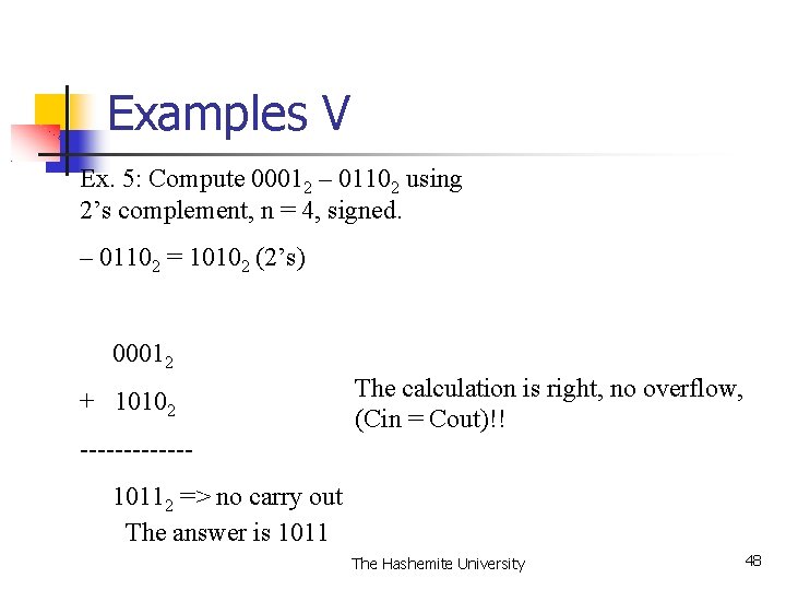 Examples V Ex. 5: Compute 00012 – 01102 using 2’s complement, n = 4,