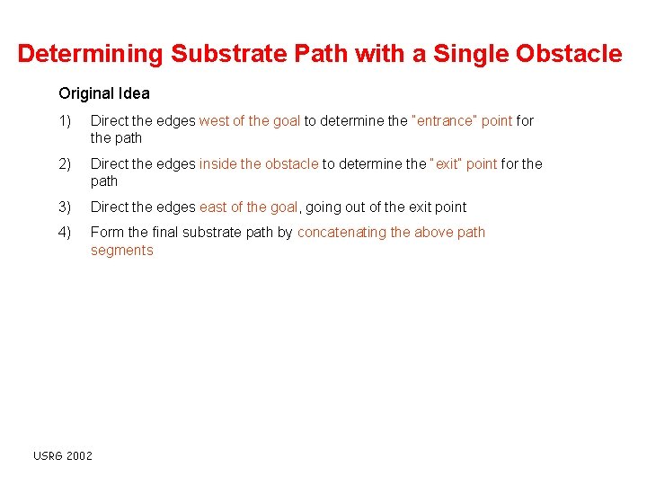 Determining Substrate Path with a Single Obstacle Original Idea 1) Direct the edges west