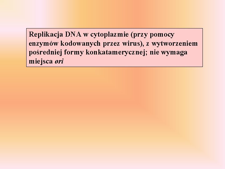 Replikacja DNA w cytoplazmie (przy pomocy enzymów kodowanych przez wirus), z wytworzeniem pośredniej formy
