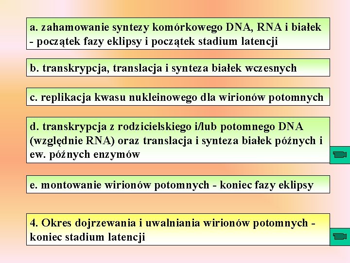 a. zahamowanie syntezy komórkowego DNA, RNA i białek - początek fazy eklipsy i początek