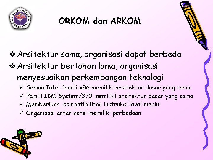 ORKOM dan ARKOM v Arsitektur sama, organisasi dapat berbeda v Arsitektur bertahan lama, organisasi