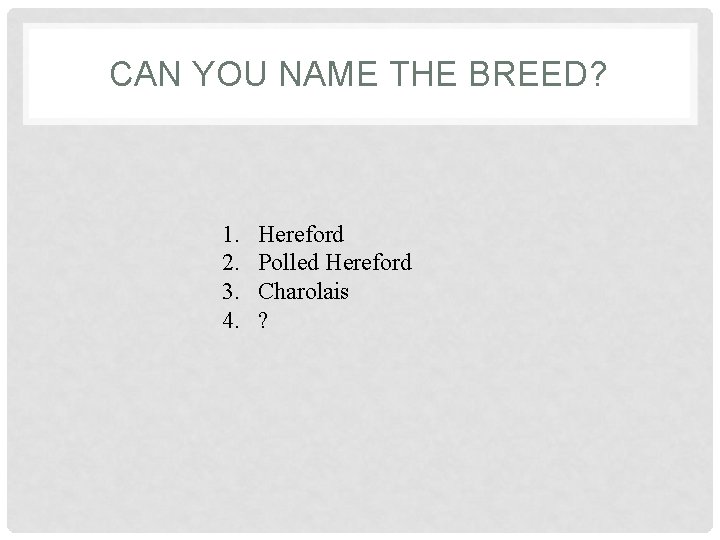 CAN YOU NAME THE BREED? 1. 2. 3. 4. Hereford Polled Hereford Charolais ?
