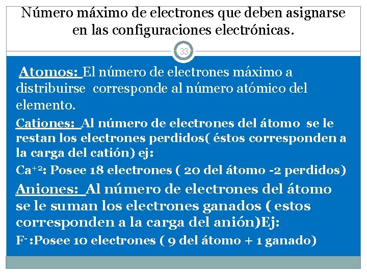 Número máximo de electrones que deben asignarse en las configuraciones electrónicas. 33 Atomos: El