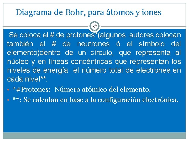 Diagrama de Bohr, para átomos y iones 38 Se coloca el # de protones*(algunos