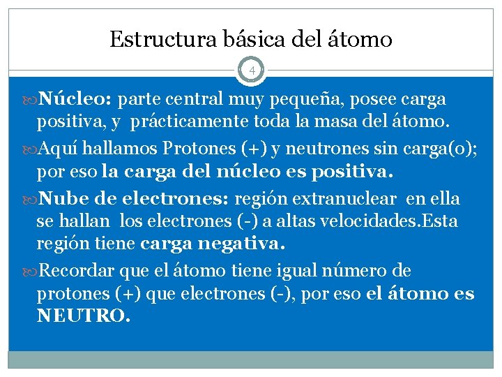 Estructura básica del átomo 4 Núcleo: parte central muy pequeña, posee carga positiva, y