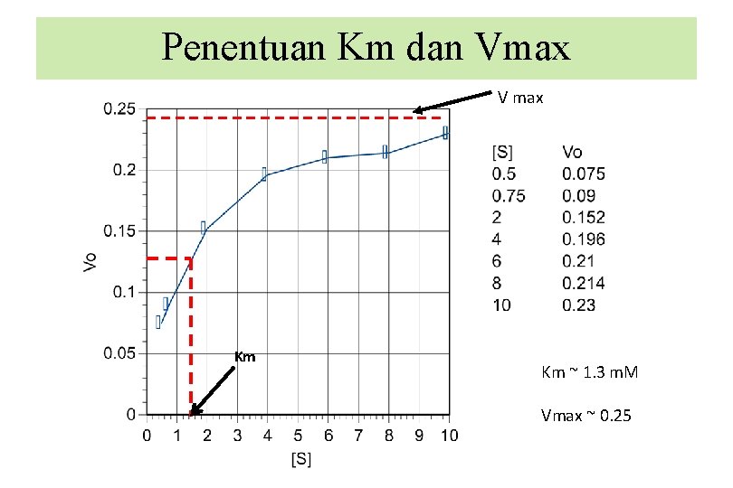 Penentuan Km dan Vmax V max Km Km ~ 1. 3 m. M Vmax