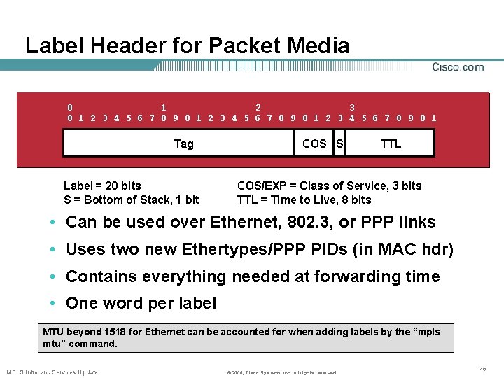 Label Header for Packet Media 0 1 2 3 4 5 6 7 8