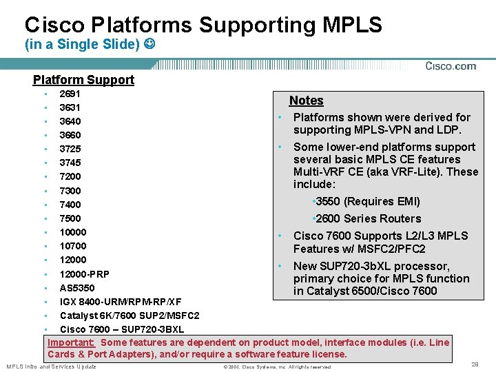 Cisco Platforms Supporting MPLS (in a Single Slide) Platform Support • 2691 Notes •